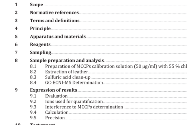 ISO 18219-2:2021 pdf download – Leather — Determination of chlorinated hydrocarbons in leather — Part 2: Chromatographic method for middle- chain chlorinated paraffins (MCCPs)